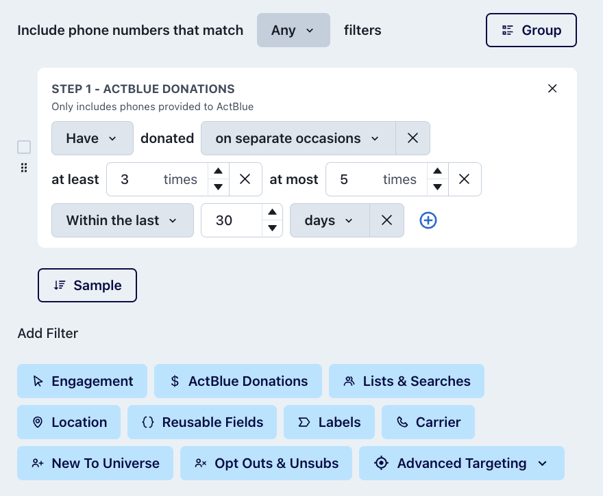 Switchboard Audience Builder with include filters using minimums, maximums, and date ranges.