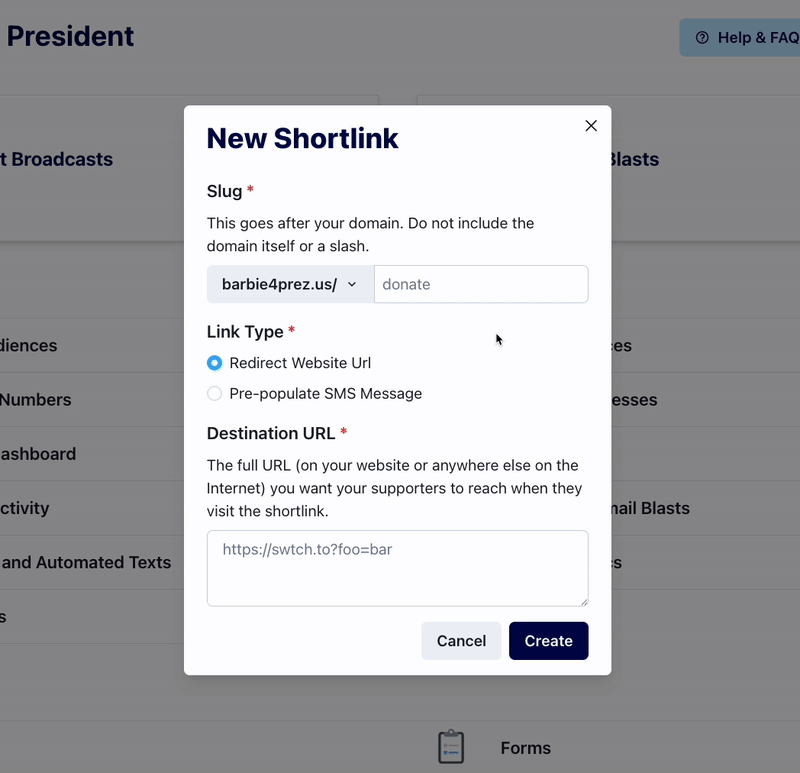 Switchboard shortlink creation