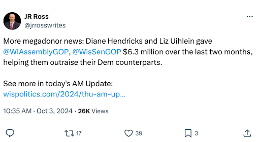 JR Ross post on X about GOP mega-donors have dumped over $6.3 MILLION dollars into State Assembly and Senate races