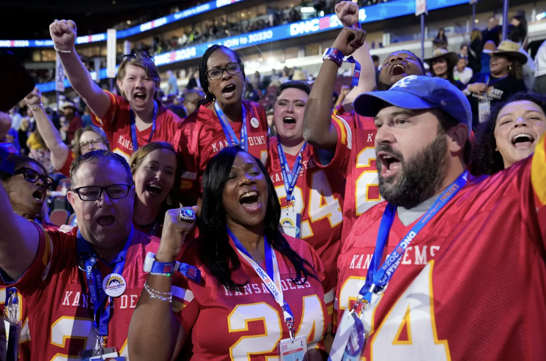 Kansas Dems in Chiefs-style jerseys at the DNC