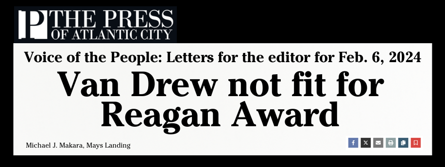 The Press of Atlantic City Headline "Van Drew not fit for Reagan Award"